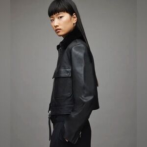 ALLSAINTS Safiya Leather Cargo Pocket Shearling Collar Moto Jacket, Size 6